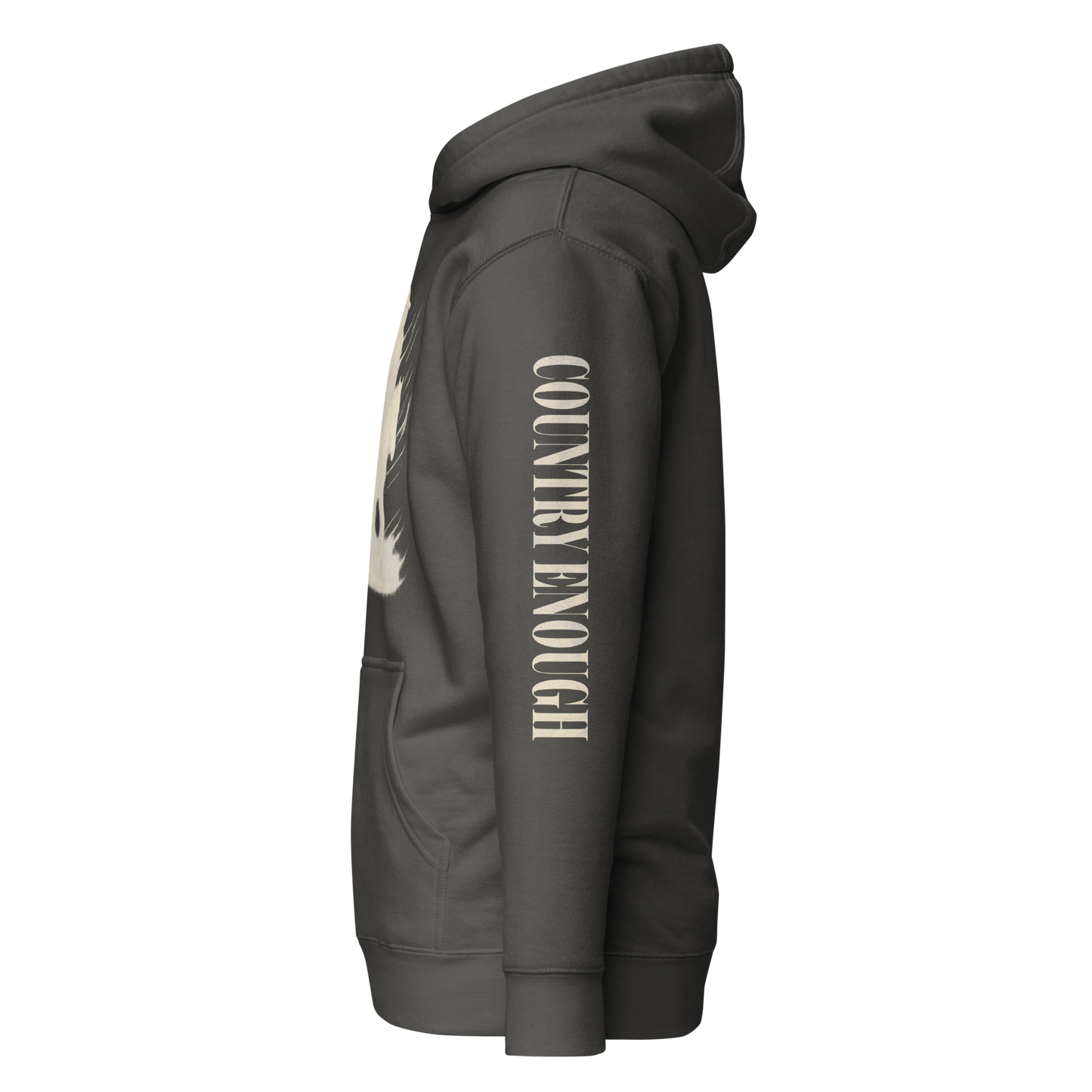 Vintage Black hoodie with graphic of a cowgirl silhouette in a light pink color with words country enough #vintageblack
