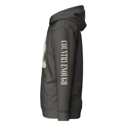 Vintage Black hoodie with graphic of a cowgirl silhouette in a light pink color with words country enough #vintageblack