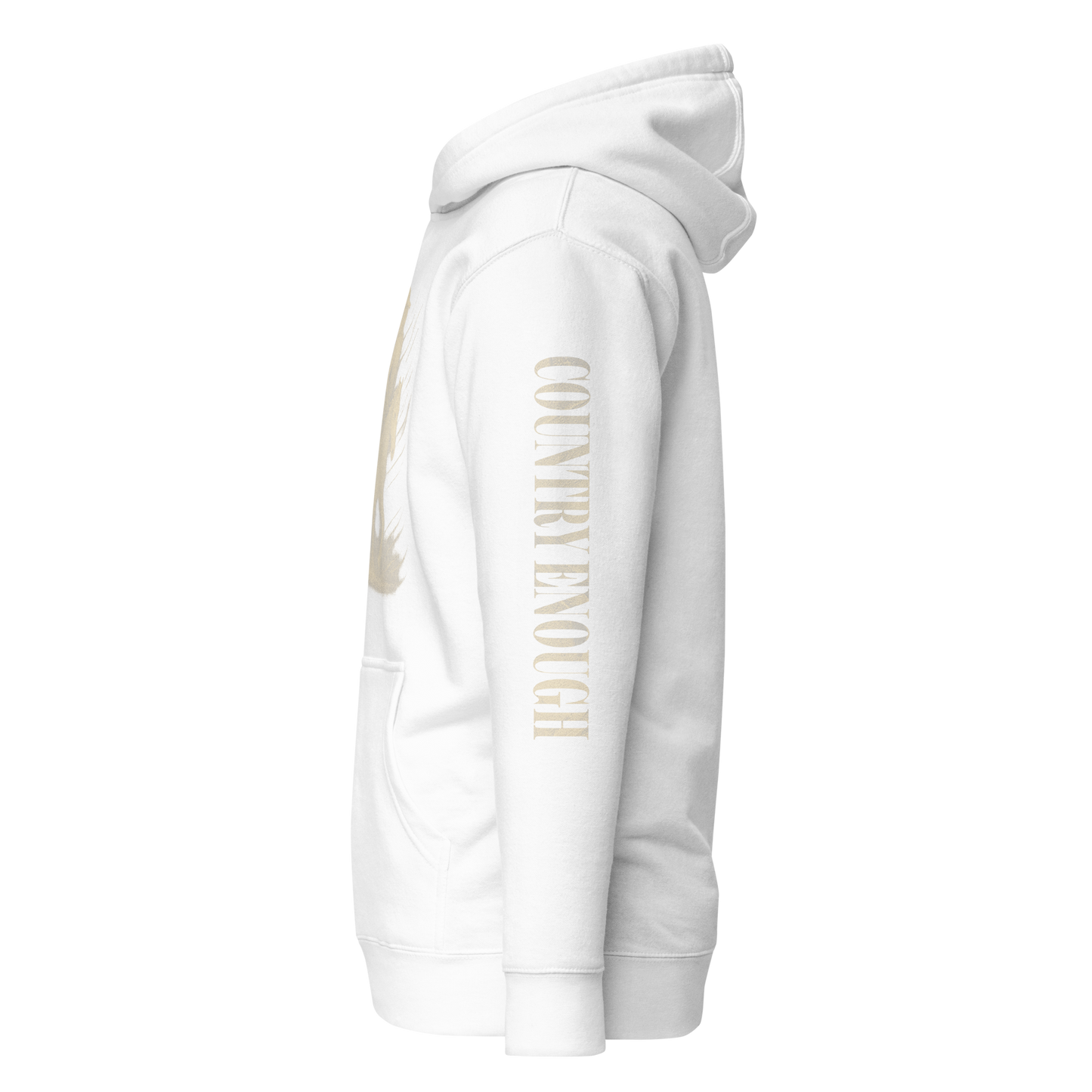White hoodie with graphic of a cowgirl silhouette in a light pink color with words country enough #white