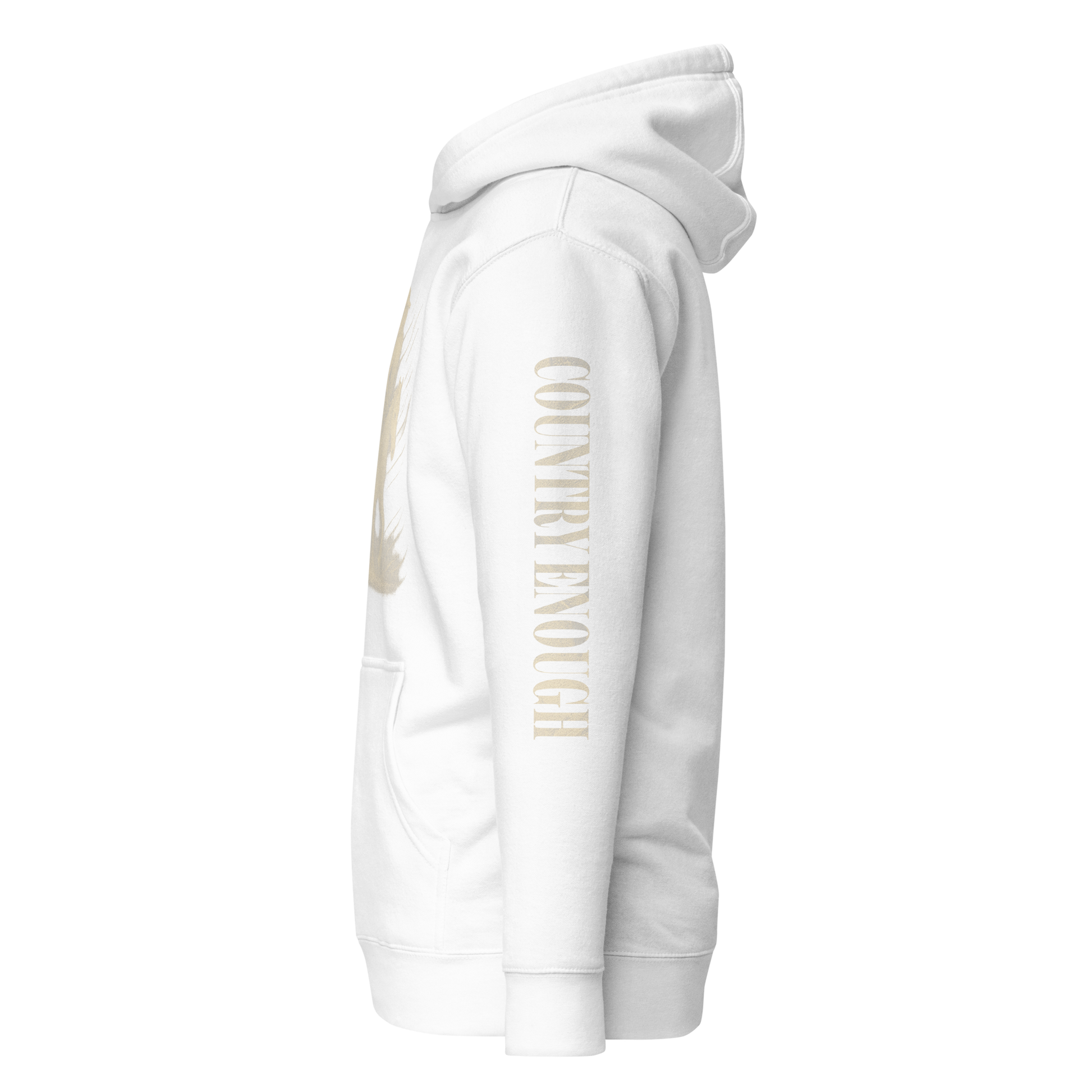 White hoodie with graphic of a cowgirl silhouette in a light pink color with words country enough #white