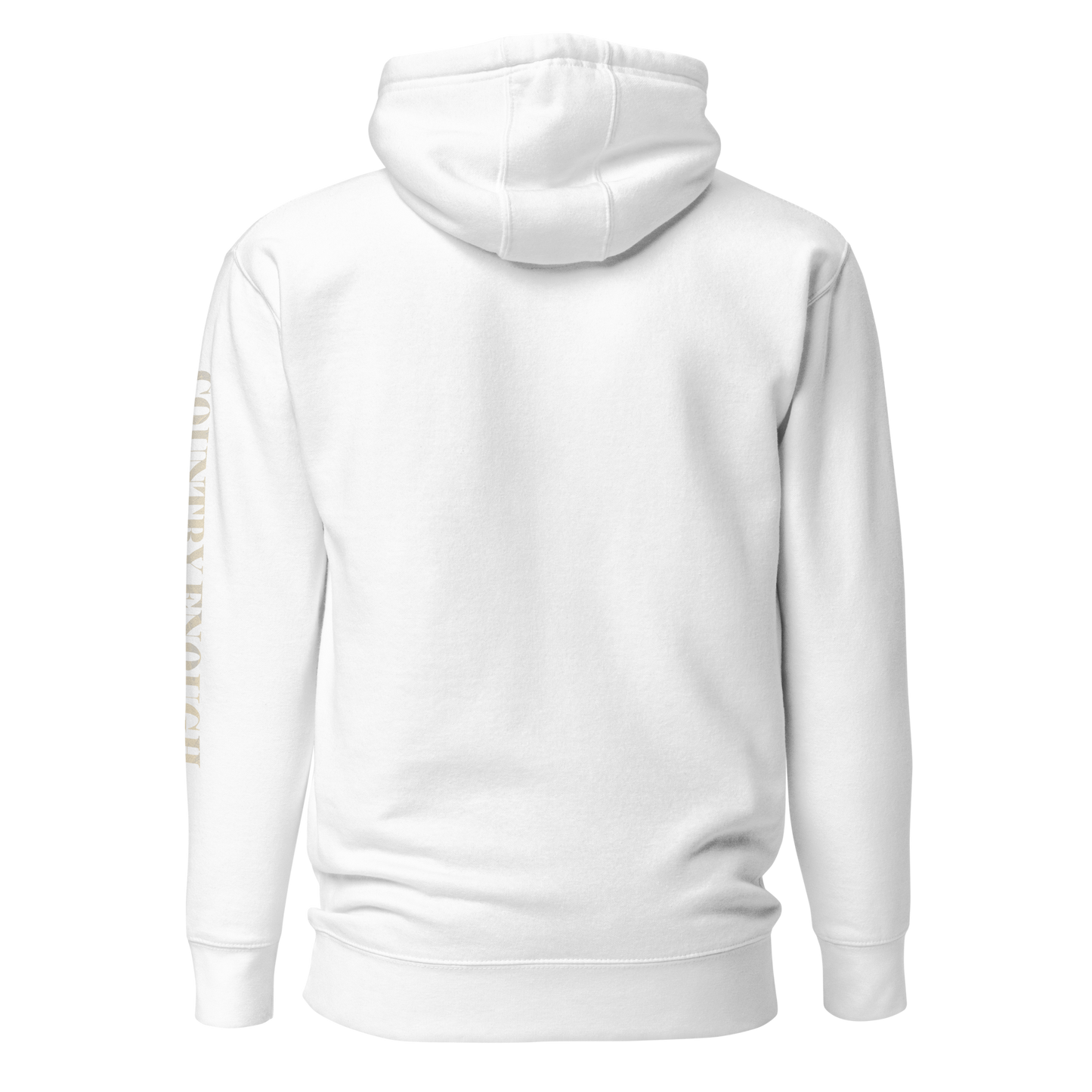White hoodie with graphic of a cowgirl silhouette in a light pink color with words country enough #white