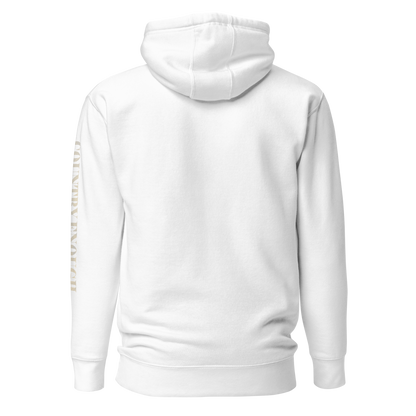 White hoodie with graphic of a cowgirl silhouette in a light pink color with words country enough #white