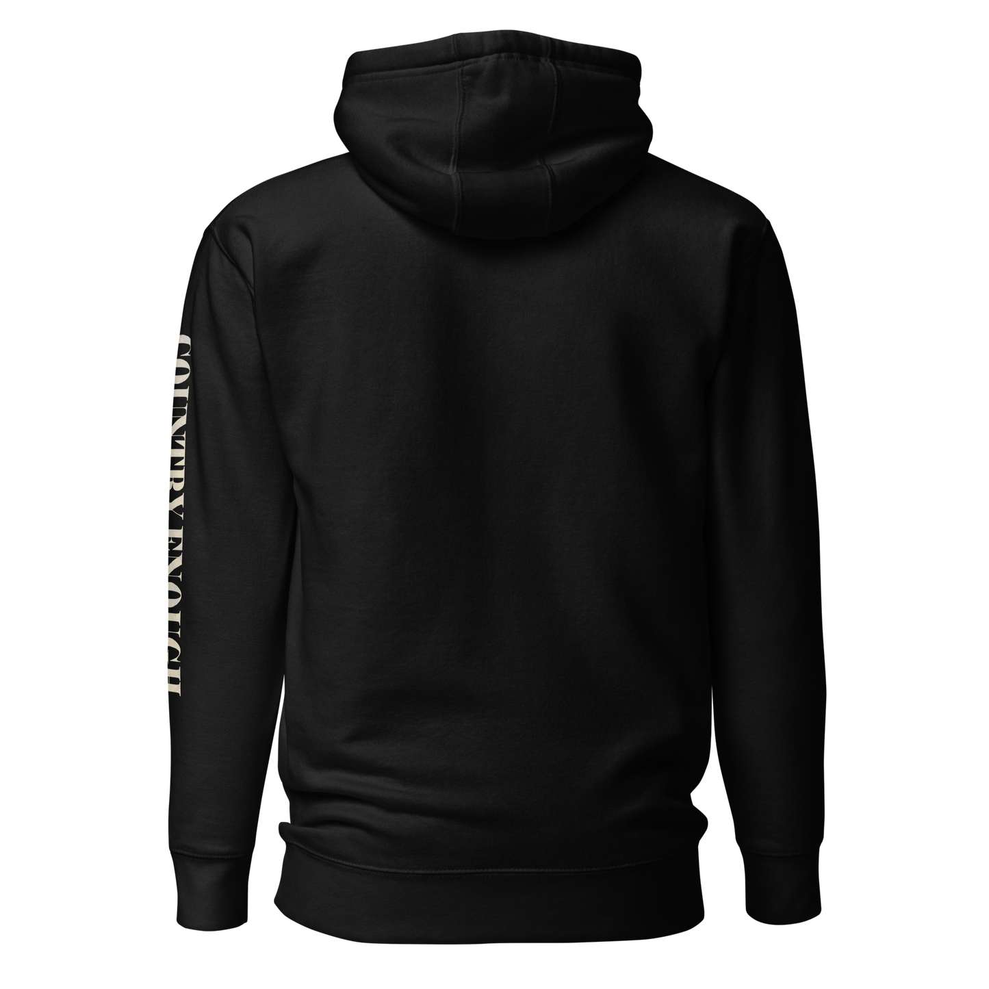 Black hoodie with graphic of a cowgirl silhouette in a light pink color with words country enough #black