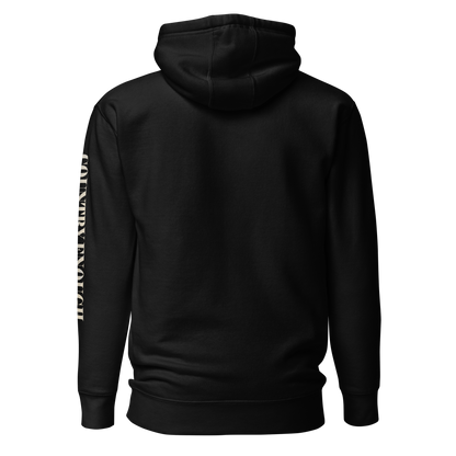 Black hoodie with graphic of a cowgirl silhouette in a light pink color with words country enough #black