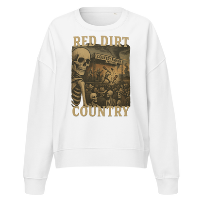 White sweatshirt with graphic of skeletons watching a concert with words red dirt country #white