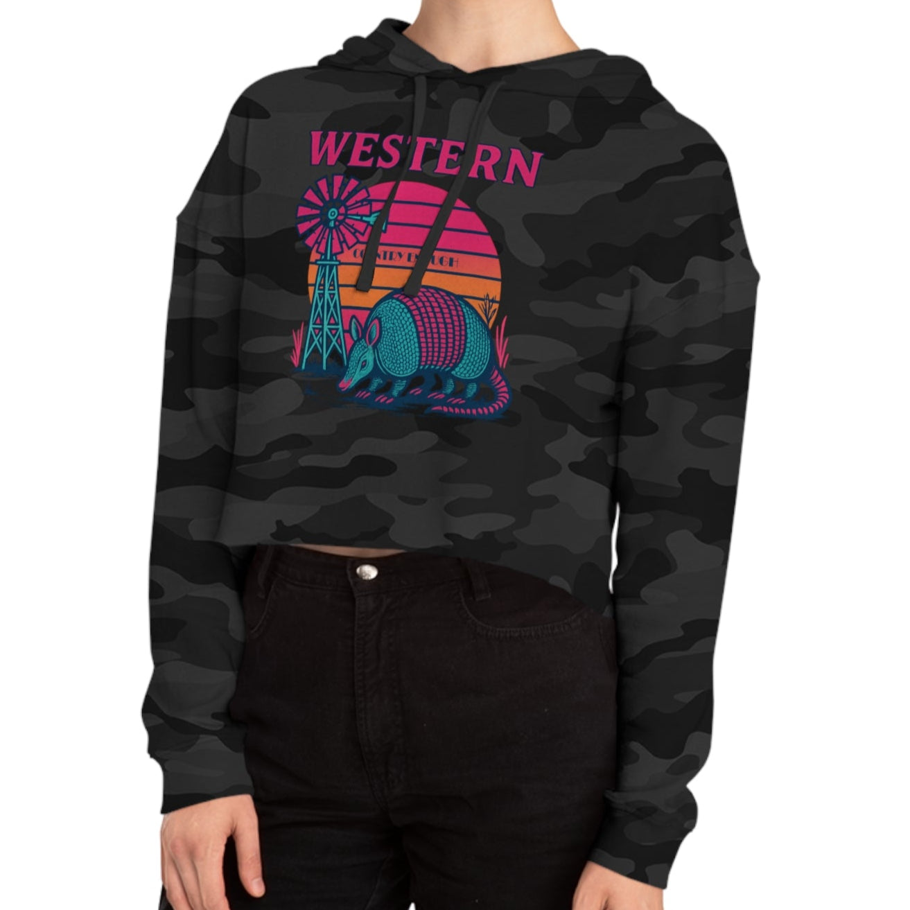 Black Camo hoodie with graphic featuring a sun, windmill, and armadillo. #blackcamo