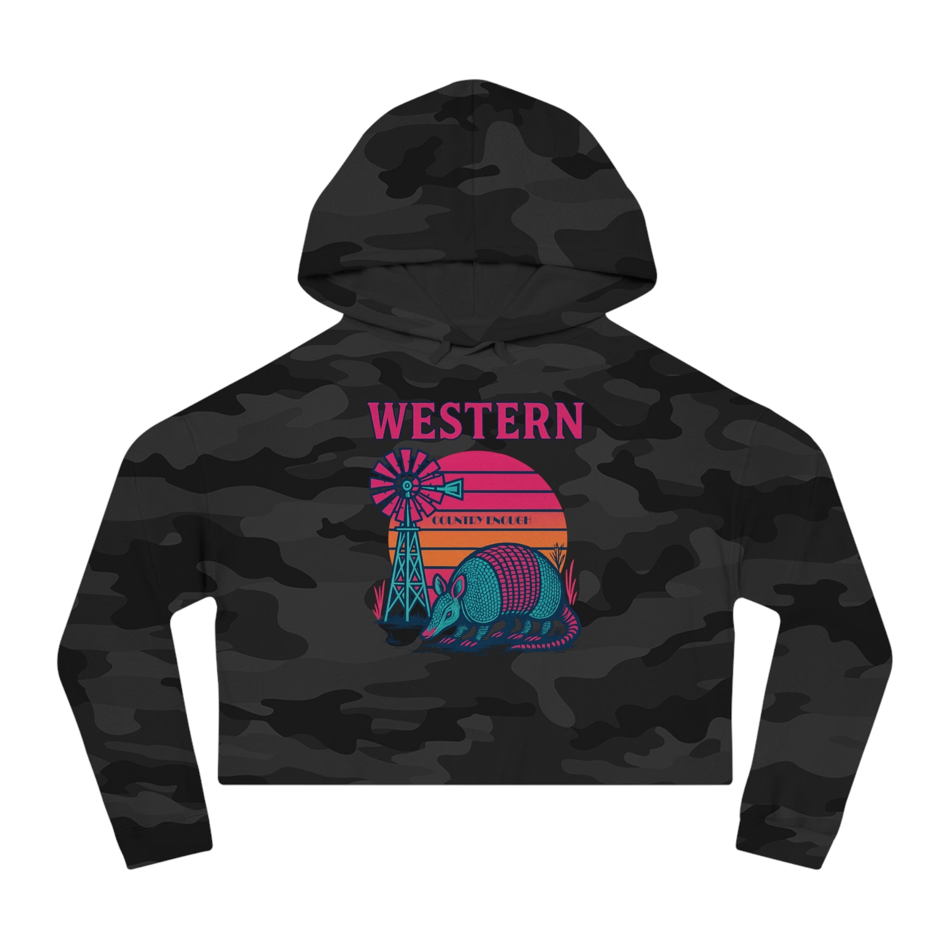 Black Camo hoodie with graphic featuring a sun, windmill, and armadillo. #blackcamo