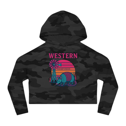 Black Camo hoodie with graphic featuring a sun, windmill, and armadillo. #blackcamo