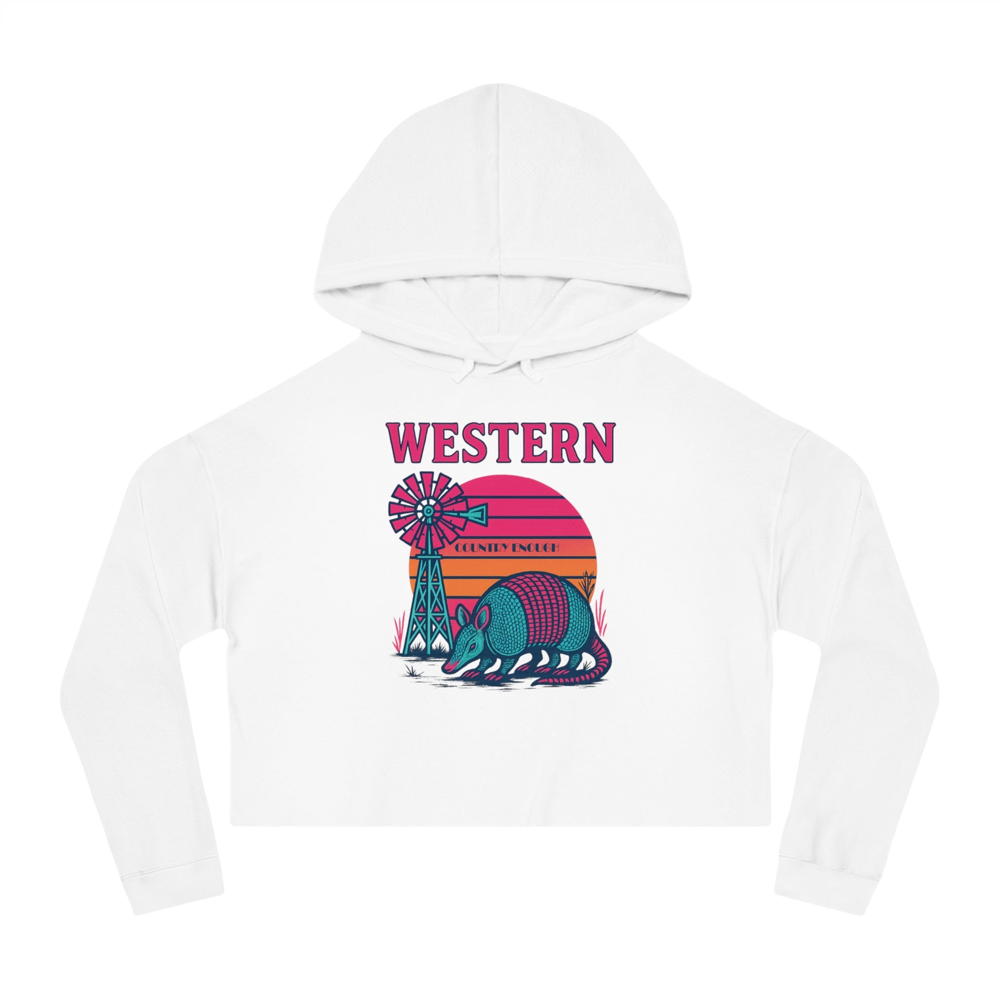 White crop hoodie with graphic featuring a sun, windmill, and armadillo. #white