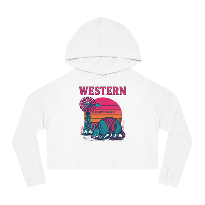 White crop hoodie with graphic featuring a sun, windmill, and armadillo. #white