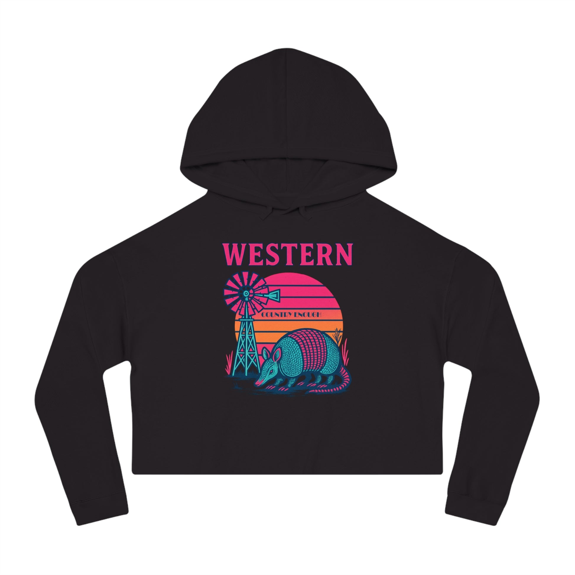 Black crop hoodie with graphic featuring a sun, windmill, and armadillo. #black