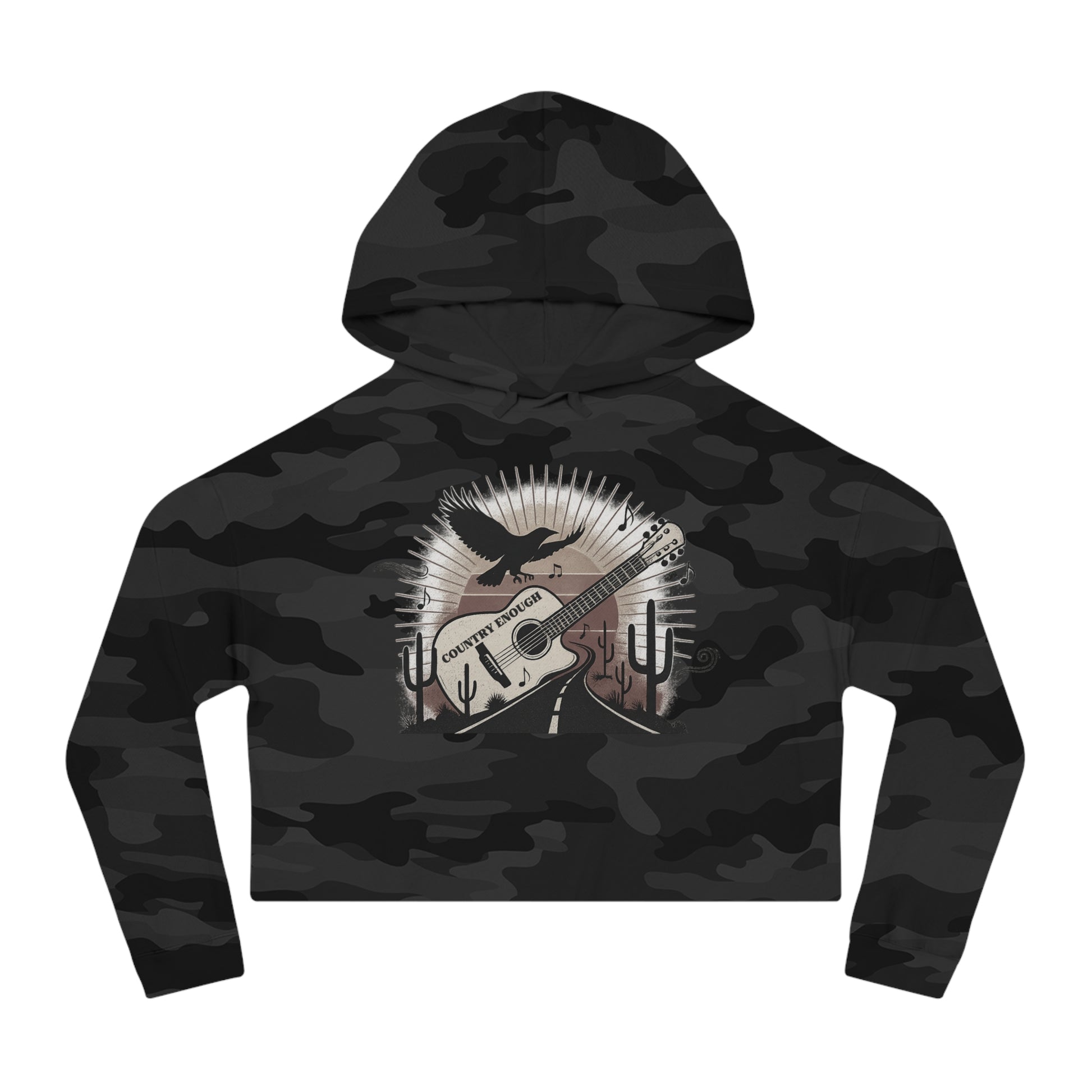 Black Camo crop hoodie with a graphic of a guitar, a soaring desert bird, cactus silhouettes, and a sunset over a winding road #blackcamo