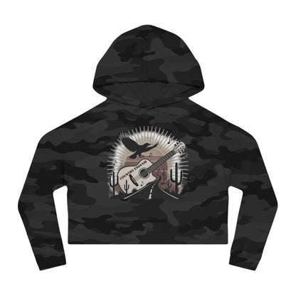 Black Camo crop hoodie with a graphic of a guitar, a soaring desert bird, cactus silhouettes, and a sunset over a winding road #blackcamo