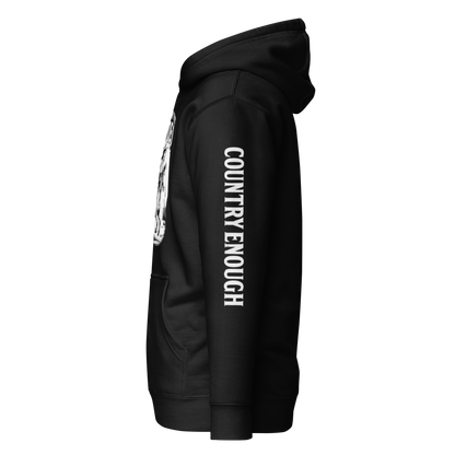 Black hoodie with graphic of cowgirl and horse, western landscape, and words this ain't my first rodeo #black