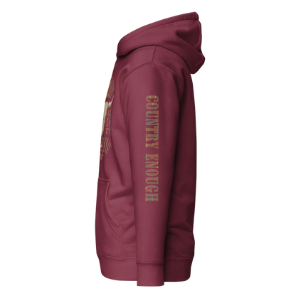 Maroon hoodie with graphic of aztec patter, bull skull, and the words country enough #maroon