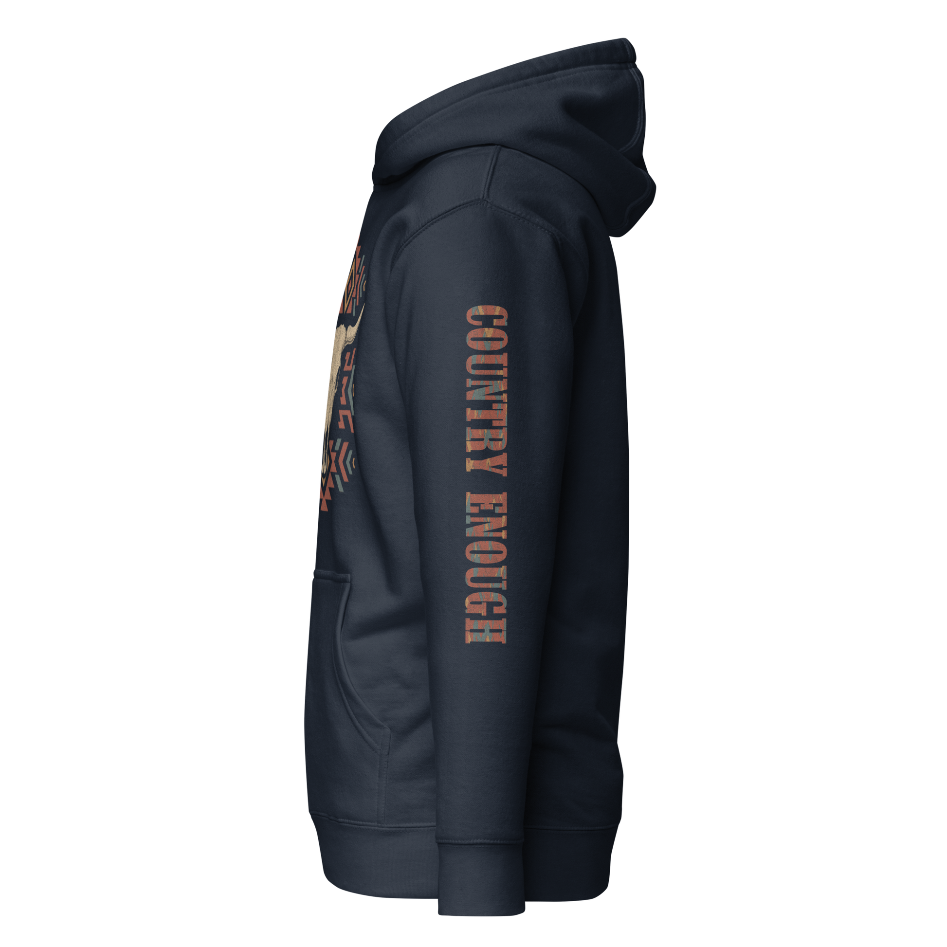 Navy Blazer hoodie with graphic of aztec patter, bull skull, and the words country enough #navyblazer