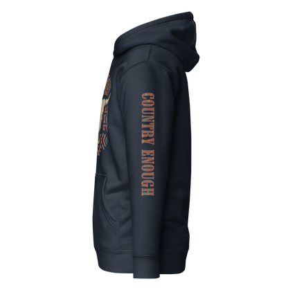 Navy Blazer hoodie with graphic of aztec patter, bull skull, and the words country enough #navyblazer