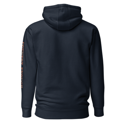 Navy Blazer hoodie with graphic of aztec patter, bull skull, and the words country enough #navyblazer