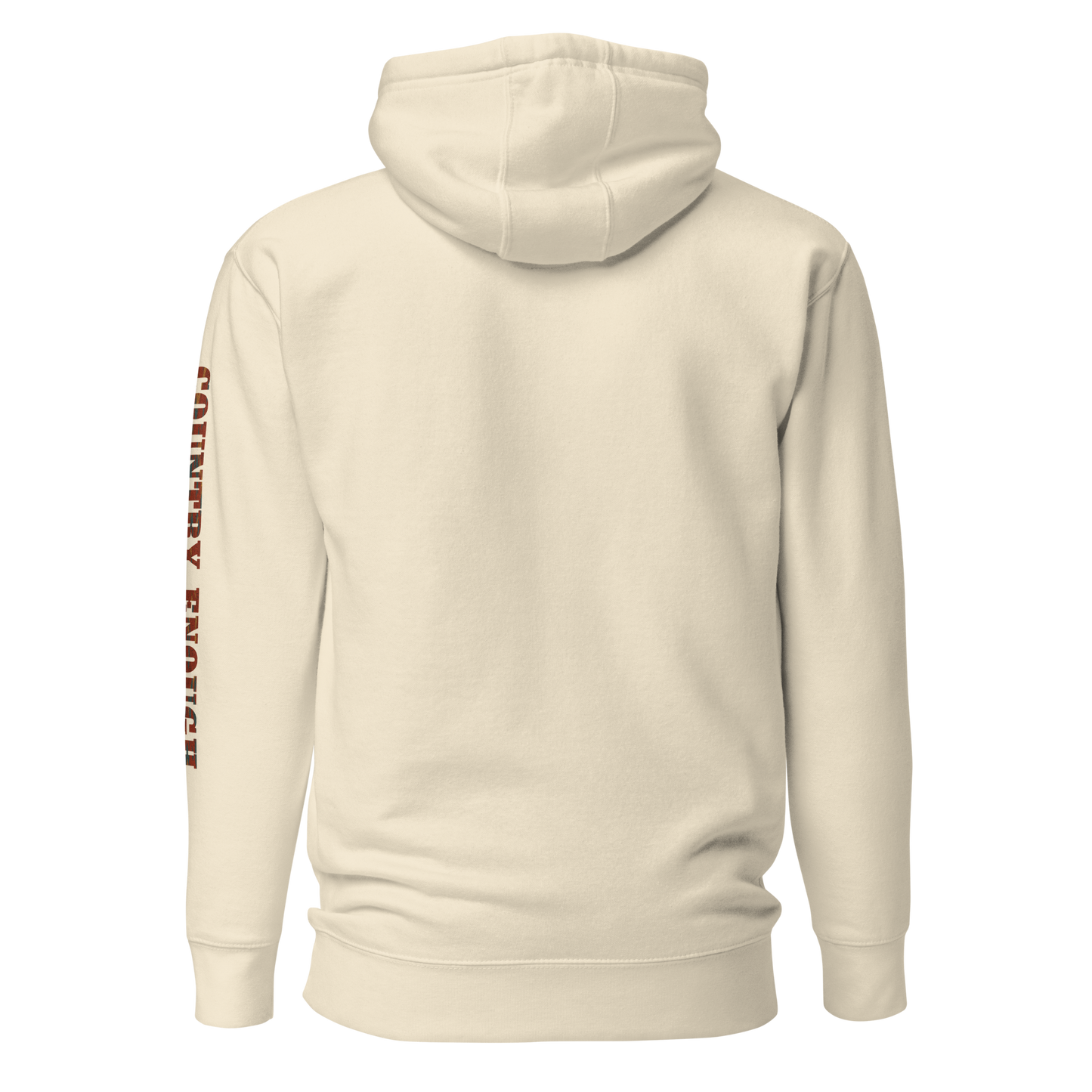 Cream hoodie with graphic of aztec patter, bull skull, and the words country enough #cream