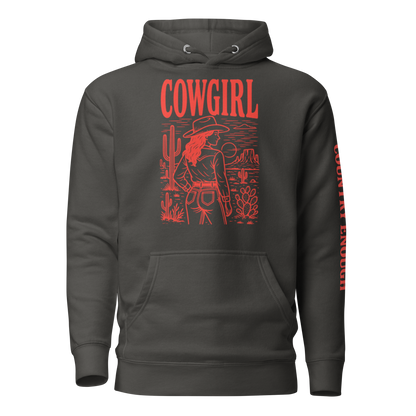 Vintage Black hoodie with graphic of cowgirl in front of a desert landscape #vintageblack