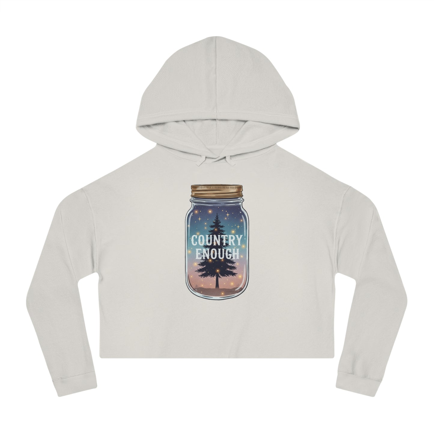 Bone crop hoodie with mason jar, pine trees, and stars graphic #bone
