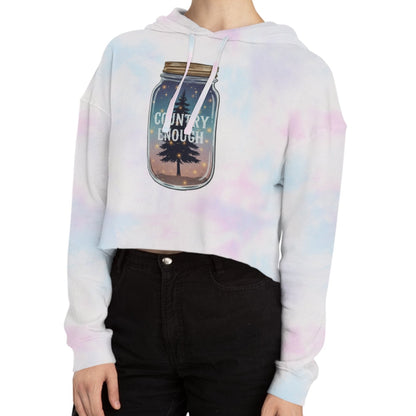 Tie-dye cotton candy crop hoodie with mason jar, pine trees, and stars graphic #tie-dyecottoncandy