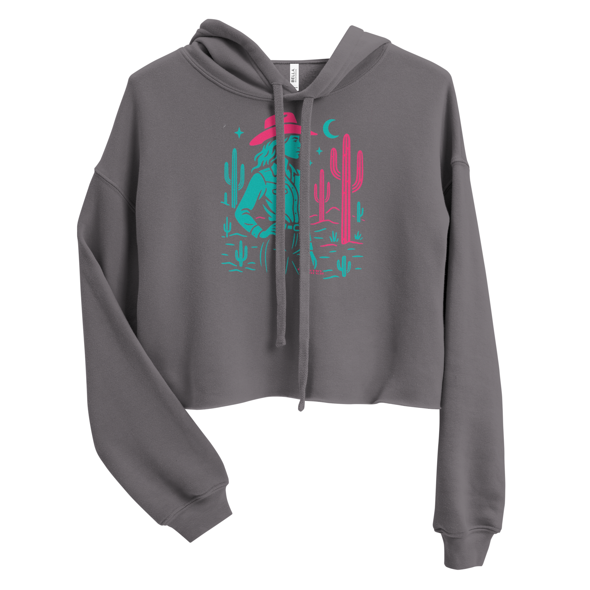 Gray crop hoodie with graphic of cowgirl, moon, and cacti #gray