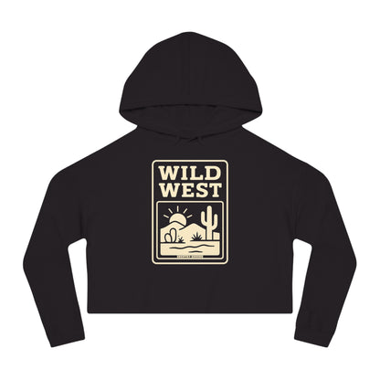 Black hoodie with sunset, desert landscape, and wild west text graphic #black