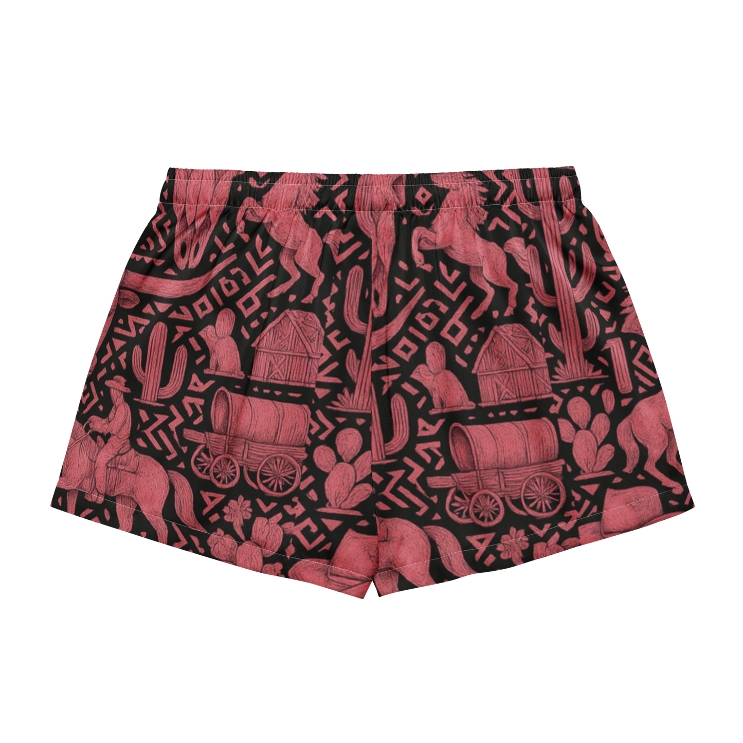 White stitched pajama shorts with black and hot pink western decals, horses, barns, wagons and more #white