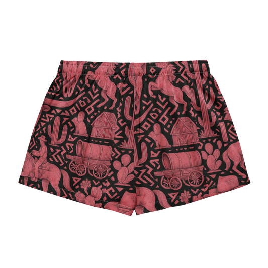 White stitched pajama shorts with black and hot pink western decals, horses, barns, wagons and more #white