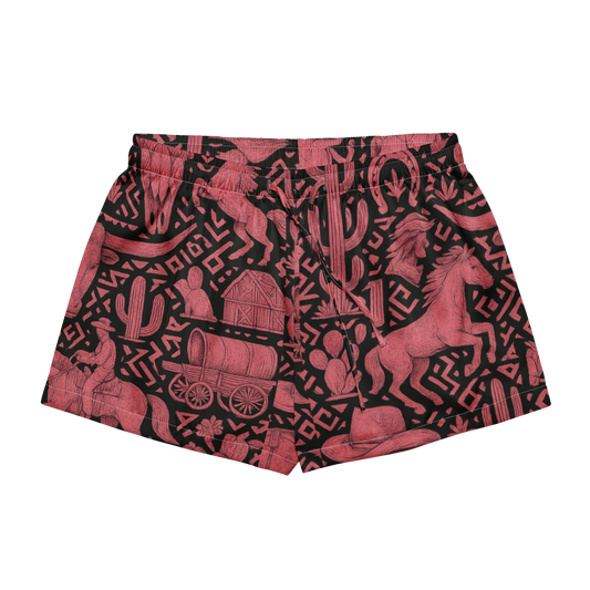 White stitched pajama shorts with black and hot pink western decals, horses, barns, wagons and more #white