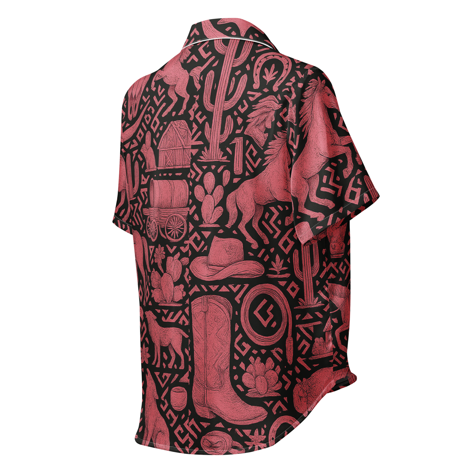 White line pajama top with pink and black all over print western graphic containing horses, cactus, horseshoes, coyotes, and more #white