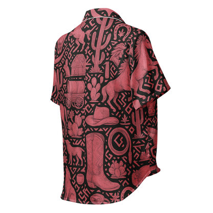 White line pajama top with pink and black all over print western graphic containing horses, cactus, horseshoes, coyotes, and more #white