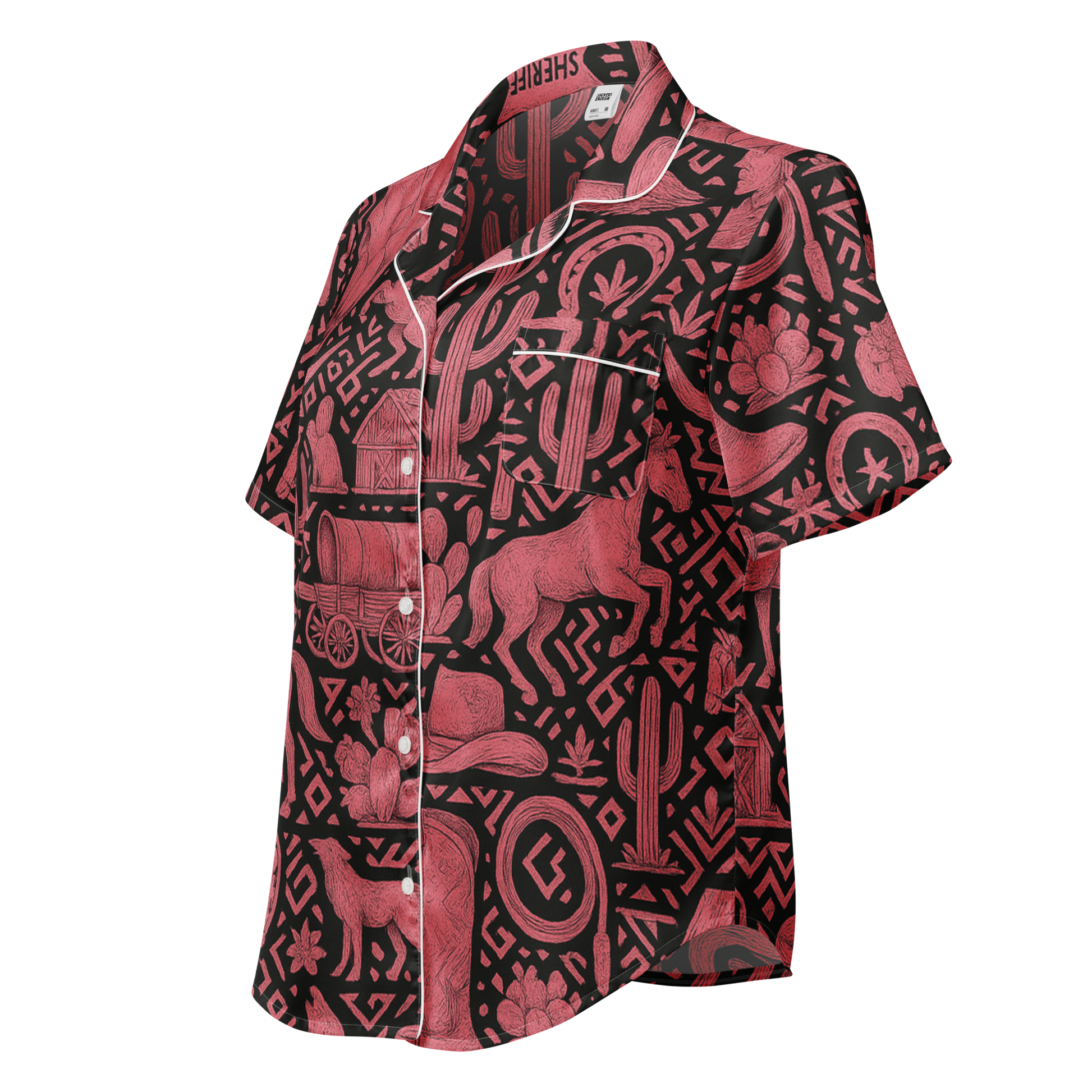 White line pajama top with pink and black all over print western graphic containing horses, cactus, horseshoes, coyotes, and more #white