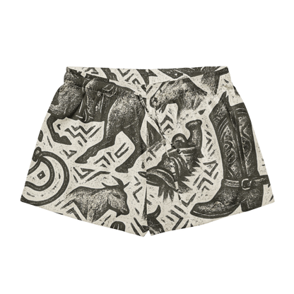 White stitched pajama shorts with graphic of western horses, cowgirls, rams, cacti, and more #white