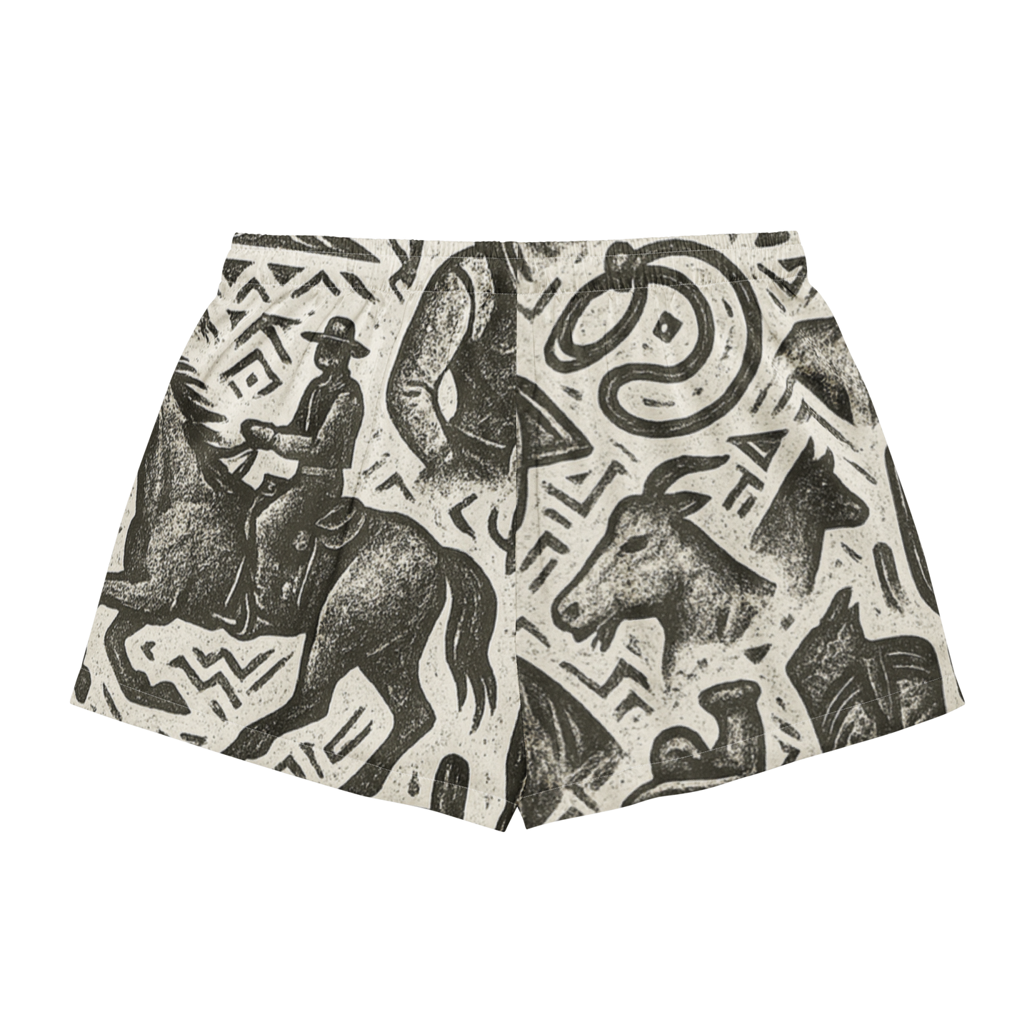 White stitched pajama shorts with graphic of western horses, cowgirls, rams, cacti, and more #white