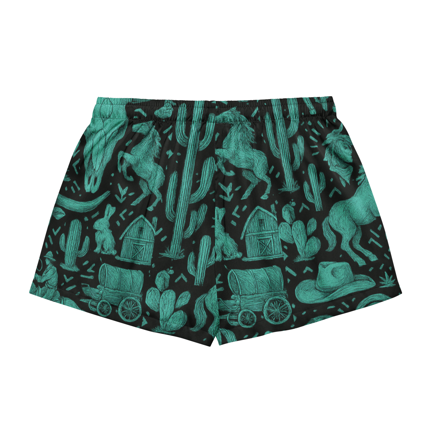 Black shorts with green/turquoise western graphics that include barns, cactus, wagons, and more #black