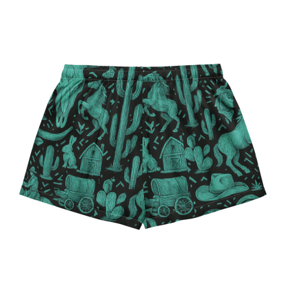 White shorts with green/turquoise western graphics that include barns, cactus, wagons, and more #white