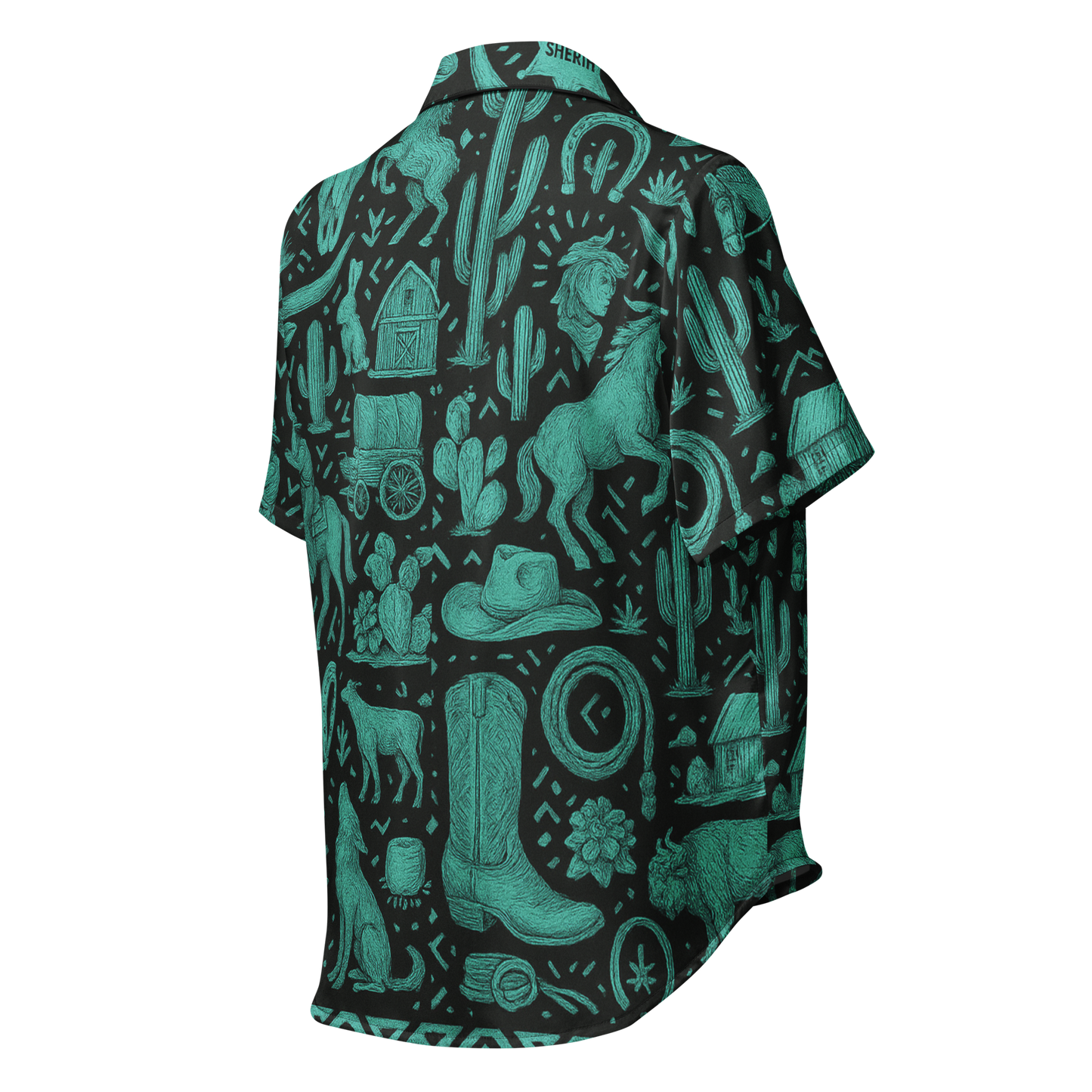 Black stitched pajama top with graphic of western horses, cowgirls, rams, cacti, and more #black