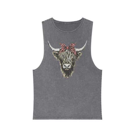 Ash Stone distressed washed tank top with a Highland cow in a red bandana bow graphic #ashstone