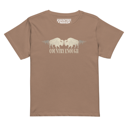 Women's high waist t-shirt with graphic of mirrored bison silhouette and words country enough #latte