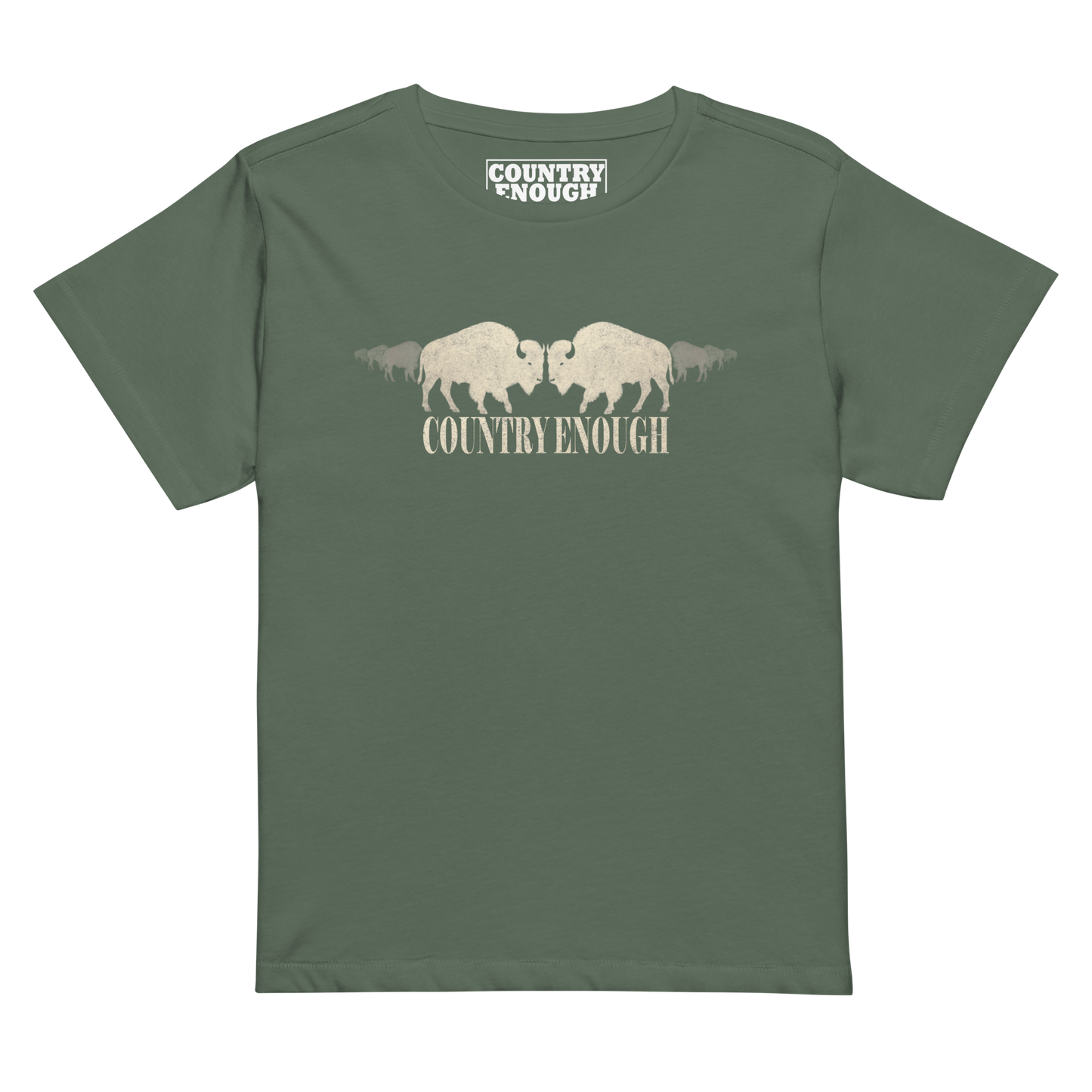 Women's high waist t-shirt with graphic of mirrored bison silhouette and words country enough #pine