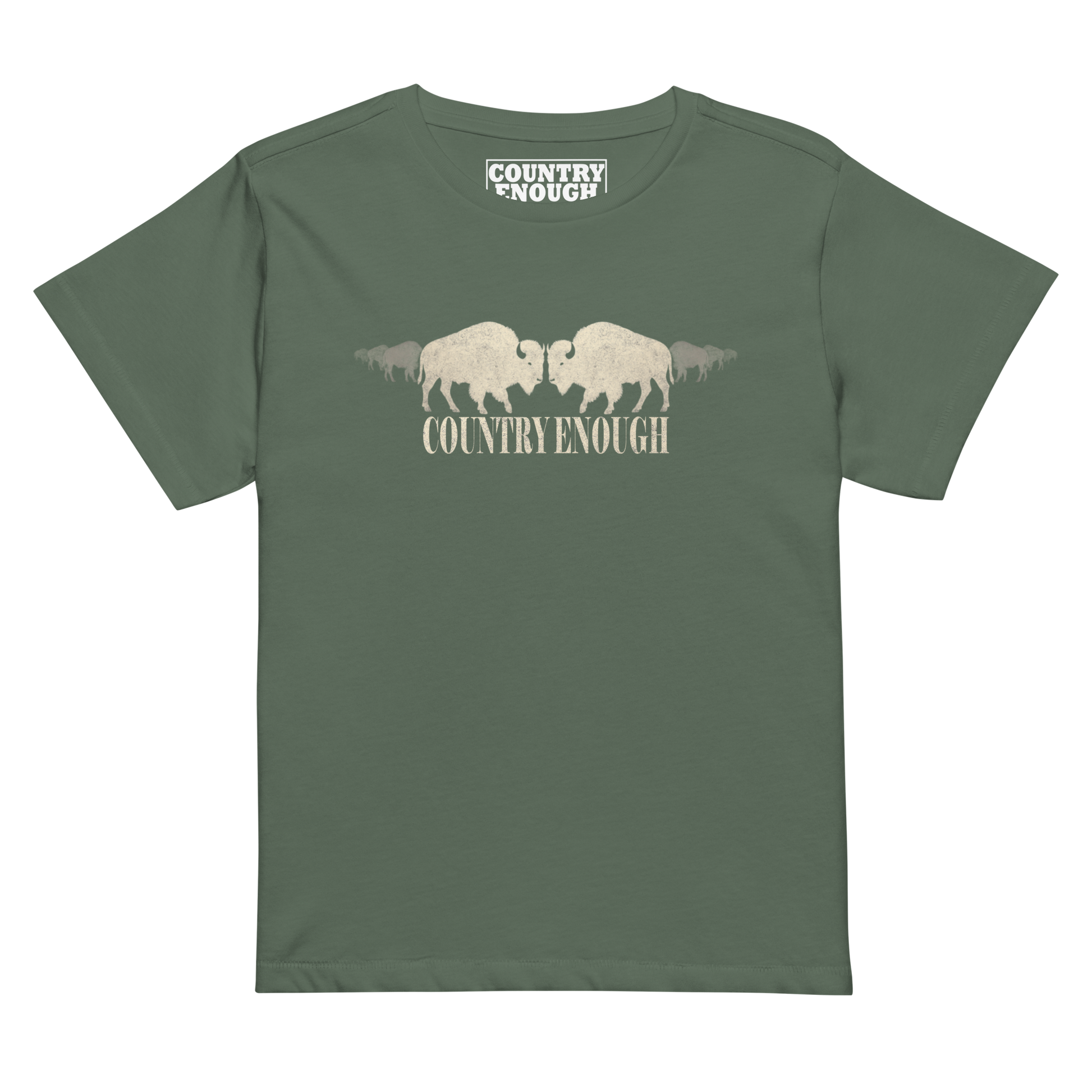 Women's high waist t-shirt with graphic of mirrored bison silhouette and words country enough #pine