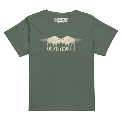 Women's high waist t-shirt with graphic of mirrored bison silhouette and words country enough #pine