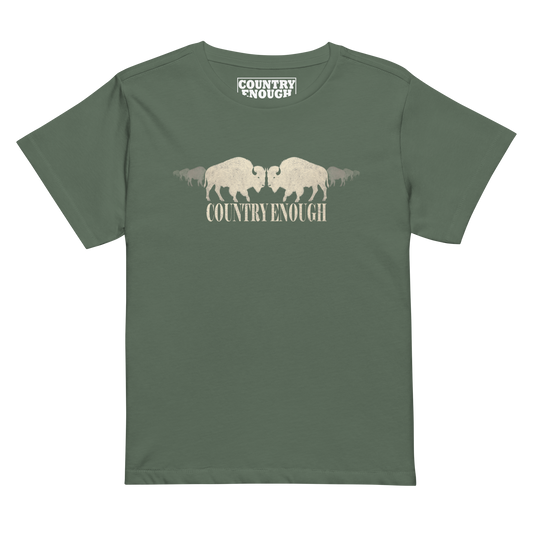 Women's high waist t-shirt with graphic of mirrored bison silhouette and words country enough #pine
