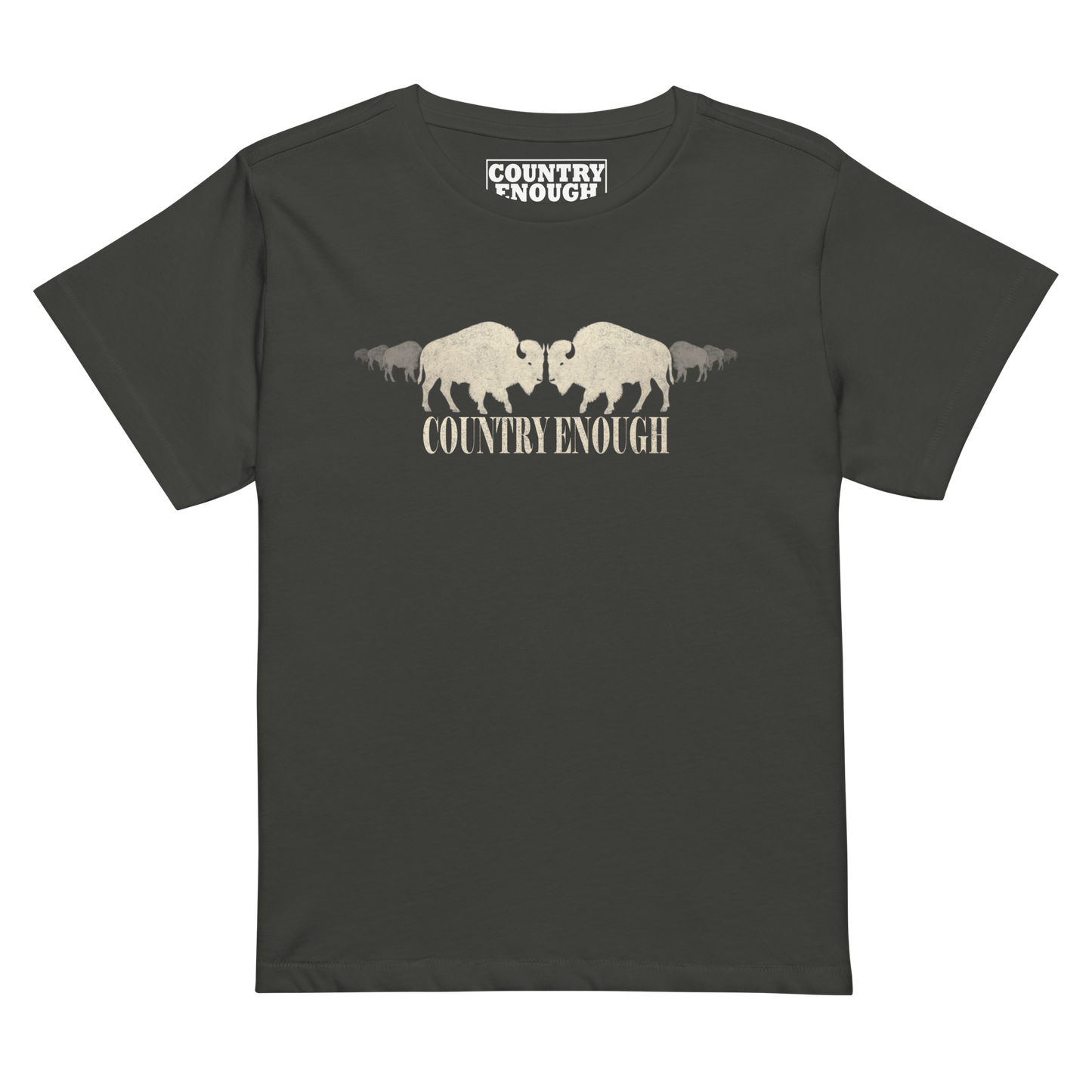 Women's high waist t-shirt with graphic of mirrored bison silhouette and words country enough #vintageblack