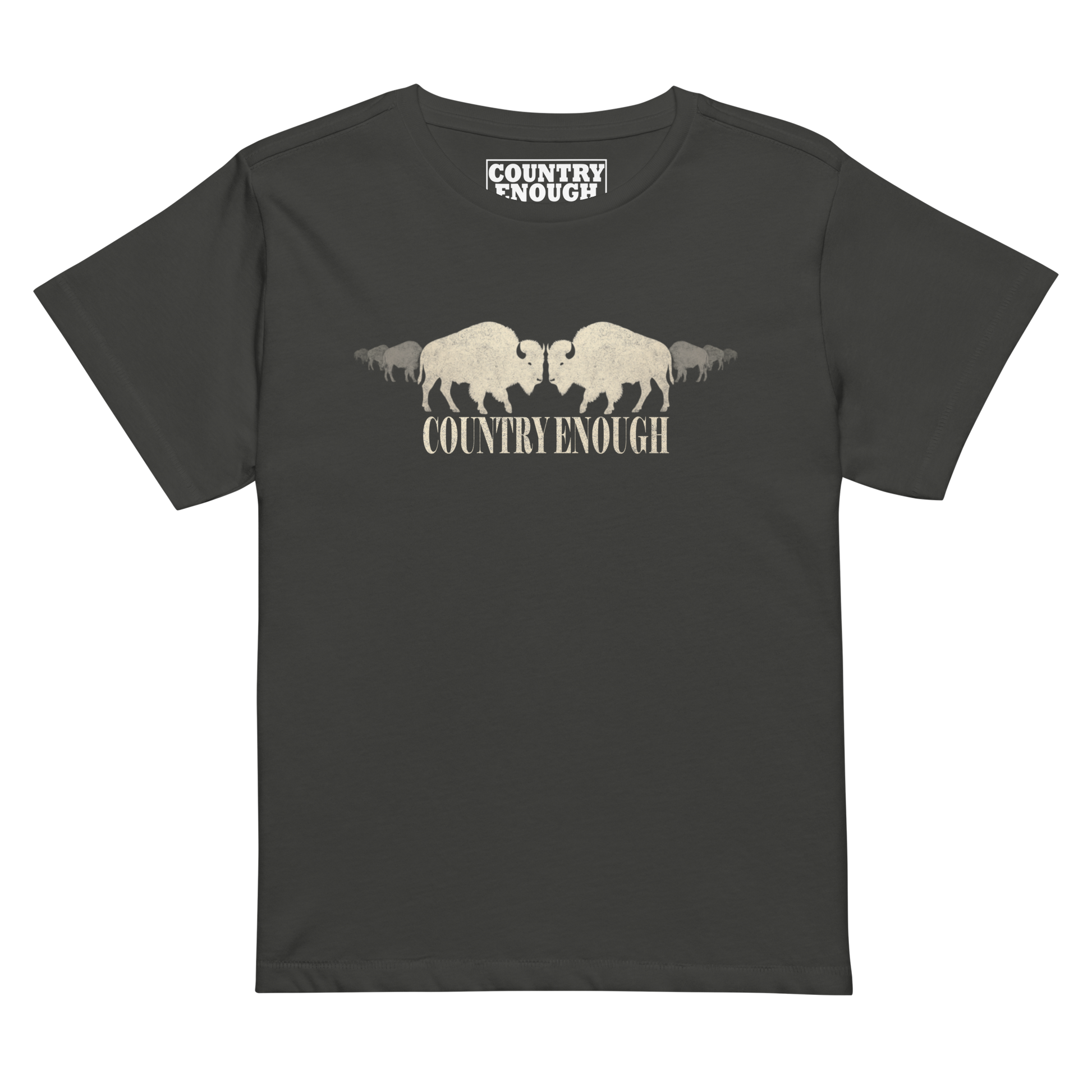 Women's high waist t-shirt with graphic of mirrored bison silhouette and words country enough #vintageblack