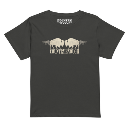 Women's high waist t-shirt with graphic of mirrored bison silhouette and words country enough #vintageblack