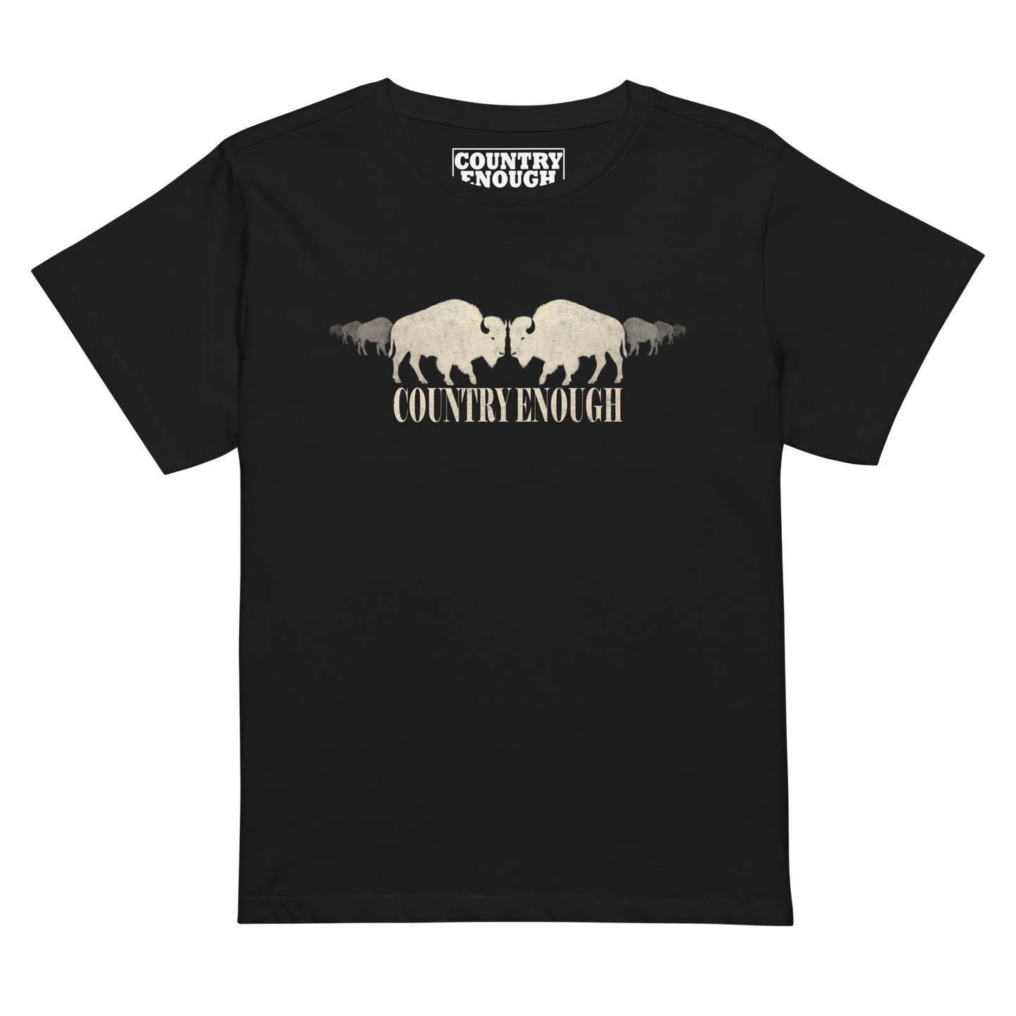 Women's high waist t-shirt with graphic of mirrored bison silhouette and words country enough #black
