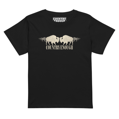 Women's high waist t-shirt with graphic of mirrored bison silhouette and words country enough #black